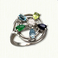 Custom Flower Design Mothers Ring set with diamond, aqua, genuine emerald, blue topaz, peridot and blue sapphire 