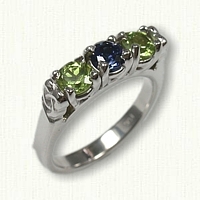 14kt White Celtic 3 Stone Mothers Ring set with a 4mm Peridot, Chatham Sapphire & Peridot